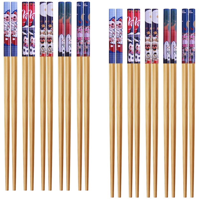 GLAMFIELDS 10Pairs Handmade Natural Bamboo Chopsticks Healthy Asian Japanese Korean Noodles Sushi Chopsticks set Reusable Gift Tableware-Cute Cat Drawing - Image 1